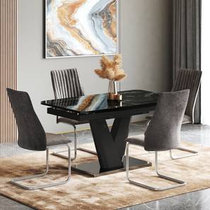 Glass All 4 Seater Dining Table Sets Design Caribu 4 To 6 Extendable Dining Table, Finish - Black Marble Color High Gloss With Set Of 4 Ingrid Dining Chairs (Dark Grey, Black High Gloss Finish)