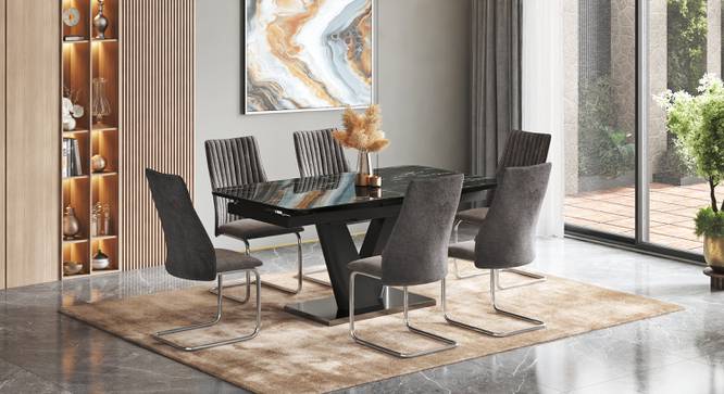 Caribu 6 To 8 Extendable Dining Table, Finish-Black Marble Color High Gloss With Set Of 6 Ingrid Dining Chairs (Dark Grey, Black High Gloss Finish) by Urban Ladder - - 987278