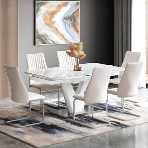 Caribu Dining Range Design Caribu 6 To 8 Extendable Dining Table, Finish-Black Marble Color High Gloss With Set Of 6 Ingrid Dining Chairs (White High Gloss Finish, White Leatherette)