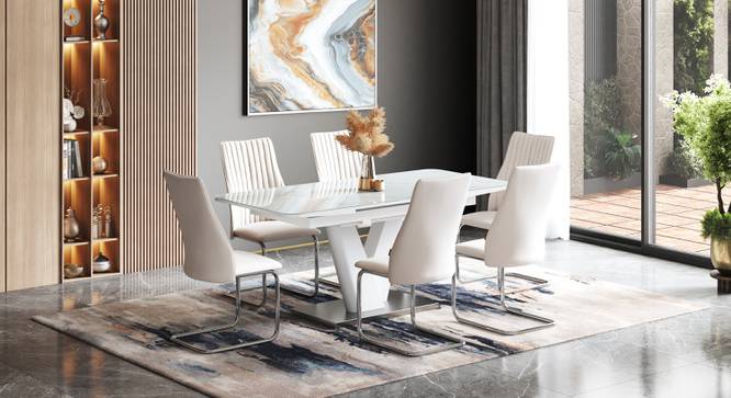 Caribu 4 To 6 Extendable Dining Table, Finish - White Marble Color High Gloss With Set Of 6 Ingrid White Leatherette Dining Chairs (White High Gloss Finish, White Leatherette) by Urban Ladder - - 987282