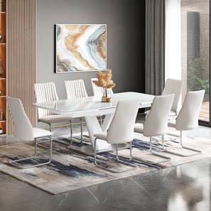 All 8 Seater Dining Table Sets Design Caribu 6 To 8 Extendable Dining Table, Finish -White Marble Color High Gloss With Set Of 8 Ingrid White Leatherette Dining Chairs (White High Gloss Finish, White Leatherette)