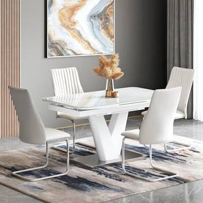 Glass All 4 Seater Dining Table Sets Design Caribu 4 To 6 Extendable Dining Table, Finish - Black Marble Color High Gloss With Set Of 4 Ingrid Dining Chairs (White High Gloss Finish, White Leatherette)