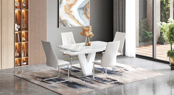 Caribu 4 To 6 Extendable Dining Table, Finish - Black Marble Color High Gloss With Set Of 4 Ingrid Dining Chairs (White High Gloss Finish, White Leatherette) by Urban Ladder - - 987286