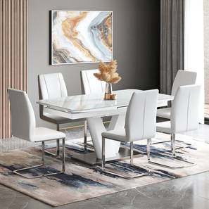 Caribu Dining Range Design Caribu 6 To 8 Extendable Dining Table, Finish -White Marble Color High Gloss With Set Of 6 Seneca Dining Chair White (White, White High Gloss Finish)