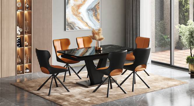 Caribu 6 To 8 Extendable Dining Table, Finish-Black Marble Color High Gloss With Set Of 6 Tulip Dining Chair In Tan (DUAL TONE, Black High Gloss Finish) by Urban Ladder - - 987294