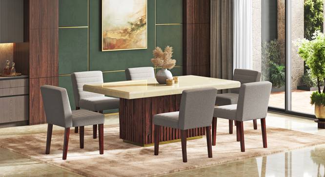 Gabriele Onyx 6 Seater Pedestal Dining Table With Set of 6 Ludo Dining Chairs (Teak Finish, Shitake Beige) by Urban Ladder - - 987304