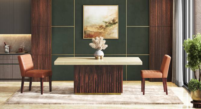 Gabriele Onyx 6 Seater Pedestal Dining Table With Set of 6 Ludo Dining Chairs (Teak Finish, Tan Leatherette) by Urban Ladder - - 987307