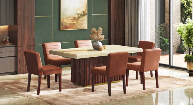 Gabriele Onyx 6 Seater Pedestal Dining Table With Set of 6 Ludo Dining Chairs (Teak Finish, Tan Leatherette) by Urban Ladder - - 987308