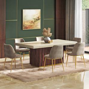 Gabriele Dining Range Design Gabriele Onyx 6 Seater Pedestal Dining Table With Set of 6 Olivia Dining Chairs (Teak Finish, Cloudy Beige Velvet)