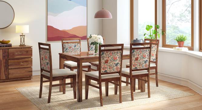Floyd 6 Seater Glass Top Dining Table Teak Finish With Set of 6 Alaine Dining Chairs (Teak Finish, Calico Floral Retreat and Pony Beige) by Urban Ladder - - 987318