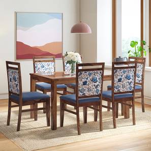 Glass All 6 Seater Dining Table Sets Design Floyd 6 Seater Glass Top Dining Table Teak Finish With Set of 6 Alaine Dining Chairs (Teak Finish, Midnight Indigo Blue)