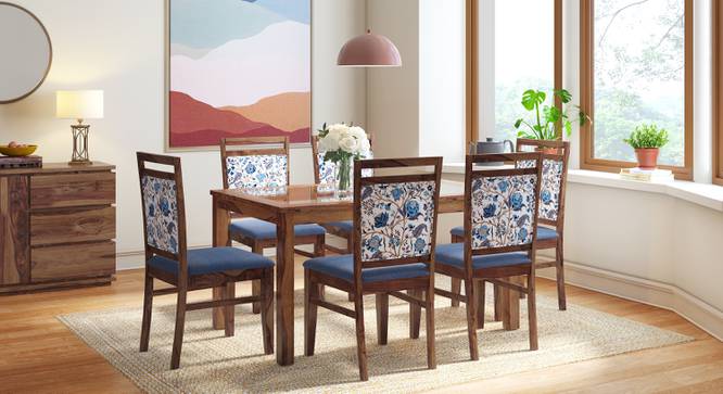 Floyd 6 Seater Glass Top Dining Table Teak Finish With Set of 6 Alaine Dining Chairs (Teak Finish, Midnight Indigo Blue) by Urban Ladder - - 987321