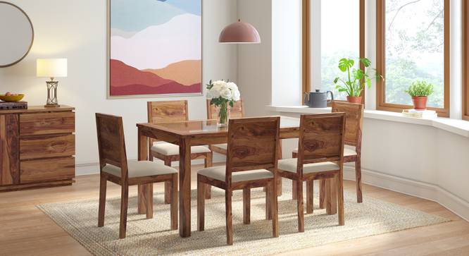 Floyd 6 Seater Dining Table, Glass Top, Finish - Teak With set of 6 Oribi Dining Chairs (Teak Finish, Wheat Brown) by Urban Ladder - - 987323