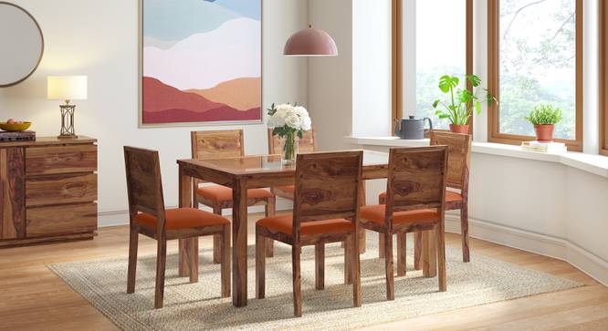 Floyd 6 Seater Dining Table, Glass Top, Finish - Teak With set of 6 Oribi Dining Chairs (Teak Finish, Burnt Orange) by Urban Ladder - - 987325