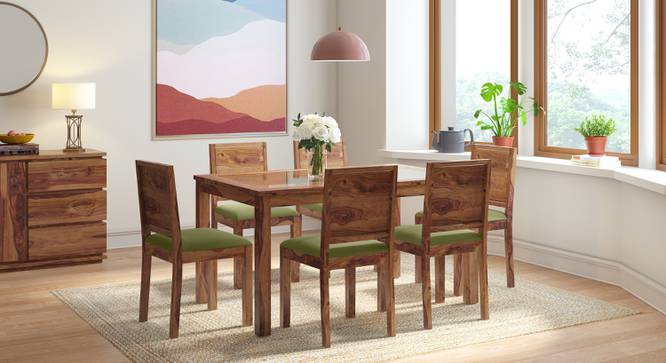 Floyd 6 Seater Dining Table, Glass Top, Finish - Teak With set of 6 Oribi Dining Chairs (Teak Finish, Avocado Green) by Urban Ladder - - 987327