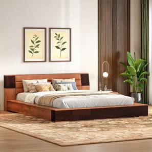 Mahe Solid Wood King Size Non Storage Bed in Tan Leatherette Finish-image-1