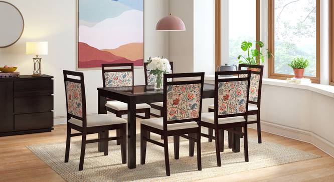 Floyd 6 Seater Dining Table, Glass Top, Finish - Mahogany With set of 6 Alaine Dining Chairs (Mahogany Finish, Calico Floral Retreat and Pony Beige) by Urban Ladder - - 987373