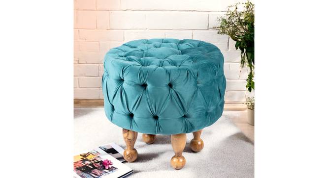 Louisville Acacia Wood Accent Round Pouf Stool in Turquoise (Blue) by Urban Ladder - - 