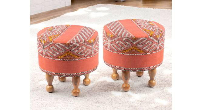 Louisville Acacia Wood Parisian Round Set of 2 Pouf Stools in Red Jacquard (Red) by Urban Ladder - - 