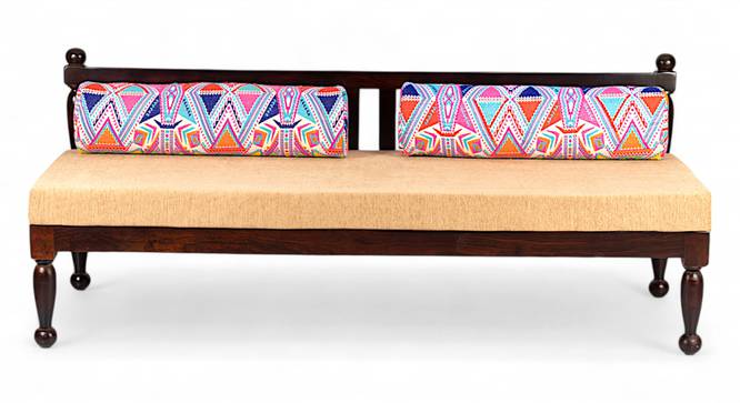 Daylesford Sheesham Wood Mid Century Diwan in DARK WALNUT FINISH with 2 Masands (Cushions) in Multicolour Jacquard Work Fabric (Single Bed Size, Dark Walnut Finish) by Urban Ladder - - 