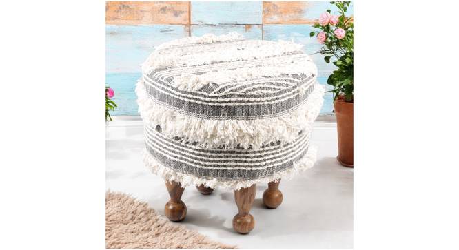 Louisville Acacia Wood Mid Century Round Pouf Stool in Grey Fabric (Grey) by Urban Ladder - - 
