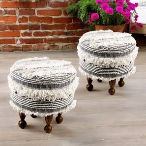 Louisville Acacia Wood Mid Century Round Set of 2 Pouf Stools in Grey Fabric-image-12