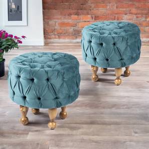 Louisville Acacia Wood Accent Round Set of 2 Pouf Stools in Turquoise-image-35