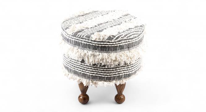 Louisville Acacia Wood Mid Century Round Pouf Stool in Grey Fabric (Grey) by Urban Ladder - - 
