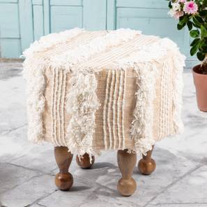 ikiriya Louisville Acacia Wood Mid Century Round Pouf Stool in Beige Fabric-picture-15