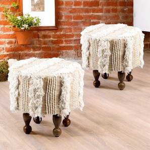 ikiriya Louisville Acacia Wood Mid Century Round Set of 2 Pouf Stools in Beige Fabric-picture-13