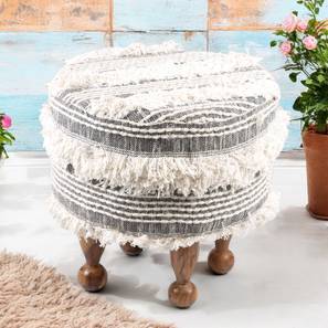 Louisville Acacia Wood Mid Century Round Pouf Stool in Grey Fabric-image-11