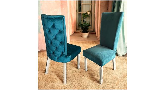 Oliver Sheesham Wood Accent Set of 2 Dining Chairs in Turquoise Sea Velvet Upholstery with SILVER FINISH (Blue, Silver Finish) by Urban Ladder - - 