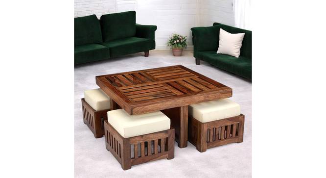 Palladio Sheesham Wood Accent Coffee Table Set with 4 Stools in NATURAL TEAK FINISH (Natural Teak Finish) by Urban Ladder - - 