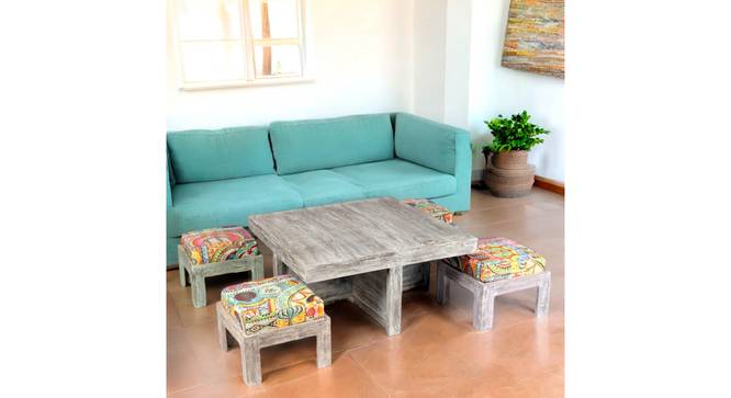 Blane Sheesham Wood Country Side Coffee Table Set with 4 Stools in Antique Multi-colour Finish (Multicolored Finish) by Urban Ladder - - 
