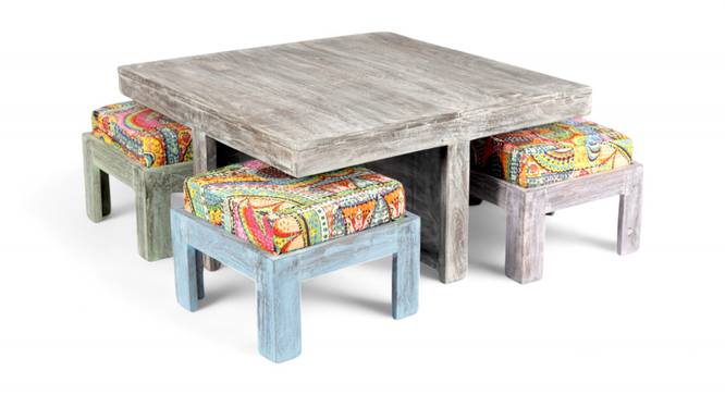 Blane Sheesham Wood Country Side Coffee Table Set with 4 Stools in Antique Multi-colour Finish (Multicolored Finish) by Urban Ladder - - 