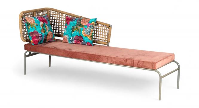Almora Metal Country Side 4 seater Diwan in Peach Velvet Fabric & Jute Rope Canning at back with 2 Printed Cushions (Single Bed Size, Grey Finish) by Urban Ladder - - 