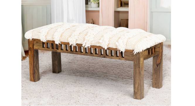 Milford Sheesham Wood Mid Century 3 Seater Bench in Beige Fabric (Beige Finish) by Urban Ladder - - 