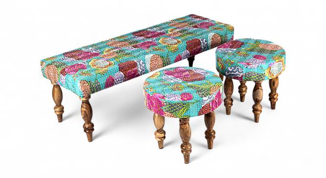 Cairo Sheesham Wood Mid Century 3+1+1 Seater Bench Set with 2 Stools in Sea Green Fruit (Green Finish) by Urban Ladder - - 