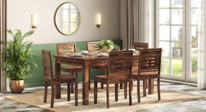 Fidora 6 Seater Dining Table With Set Of 6 Capra Dining Chairs (Teak Finish, White) by Urban Ladder - - 988257