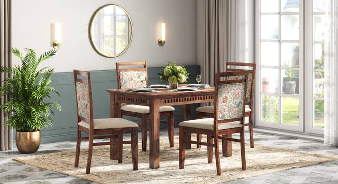 Fidora 4 Seater Dining Table With Set of 4 Alaine Dining Chairs in Calico Floral Retreat and Pony Beige (Teak Finish, Calico Floral Retreat and Pony Beige) by Urban Ladder - - 988625