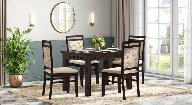 Fidora 4 Seater Dining Table With Set of 4 Alaine Dining Chairs in Calico Floral Retreat and Pony Beige (Mahogany Finish, Calico Floral Retreat and Pony Beige) by Urban Ladder - - 988627