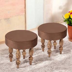 Roswell Sheesham Wood Contemporary Round Set of 2 Stools in Taupe Brown Velvet Upholstery-image-13