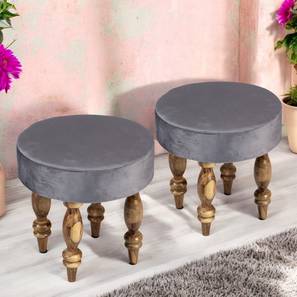 Roswell Sheesham Wood Contemporary Round Set of 2 Stools in Iron Grey Velvet Upholstery-image-8