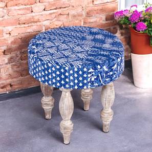 Roswell Sheesham Wood Mid Century Round Stool in Indigo Patchwork Kantha Upholstery-image-5