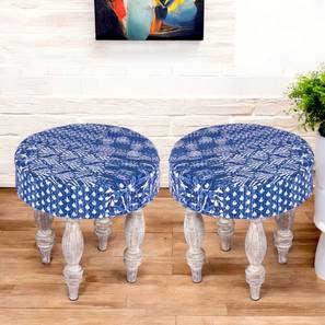 ikiriya Roswell Sheesham Wood Mid Century Round Set of 2 Stools in Indigo Patchwork Kantha Upholstery-picture-0
