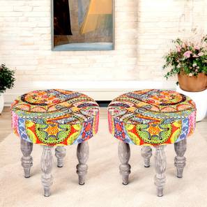 Roswell Sheesham Wood Bohemian Round Set of 2 Stools in Israel Print Patchwork Kantha Upholstery-image-37