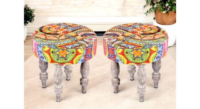 Roswell Sheesham Wood Bohemian Round Set of 2 Stools in Israel Print Patchwork Kantha Upholstery (Multi) by Urban Ladder - - 