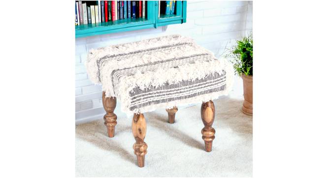Lisbone Sheesham Wood Mid Century Square Stool in Grey Fabric with Fringes Upholstery (Grey) by Urban Ladder - - 