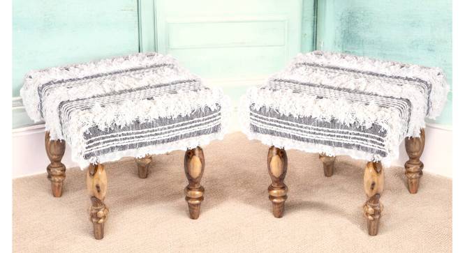 Lisbone Sheesham Wood Mid Century Square Set of 2 Stools in Grey Fabric with Fringes Upholstery (Grey) by Urban Ladder - - 