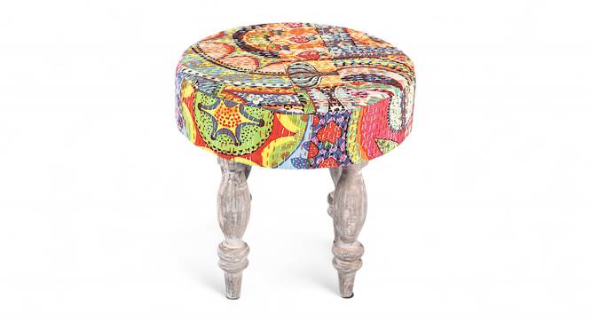 Roswell Sheesham Wood Bohemian Round Set of 2 Stools in Israel Print Patchwork Kantha Upholstery (Multi) by Urban Ladder - - 